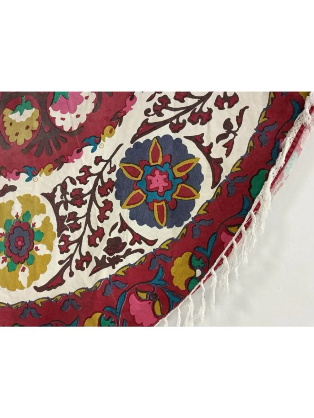 Vintage Mid Century Tablecloth Round Floral Print Fringed